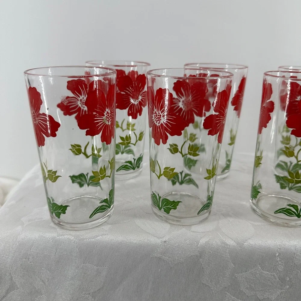 Vintage Federal Glass Tumblers Floral Set 7 Excellent Mid Century Modern Retro